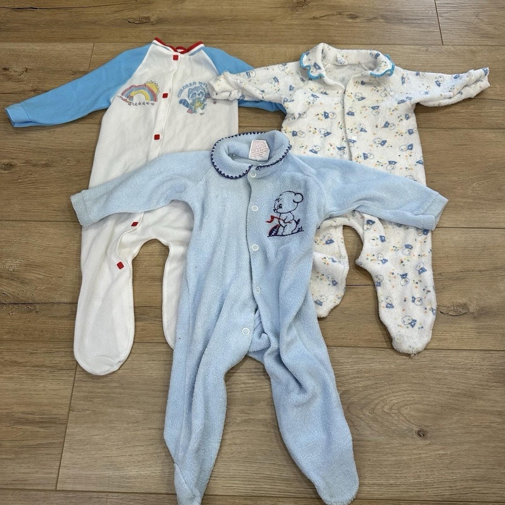 VTG (3) 90's Baby Infant Boy Sleepers Pajamas‎ 6-9 mos Blue Montgomery Ward